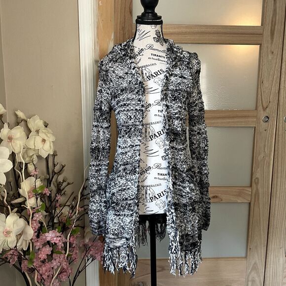 AMERICAN RAG CIE Gray Multi Color Long Open Cardigan Fringe Hem Hood Stretch S - Picture 1 of 11